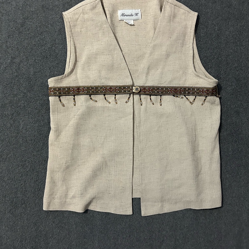 Beige Sleeveless Top with Embellished Trim